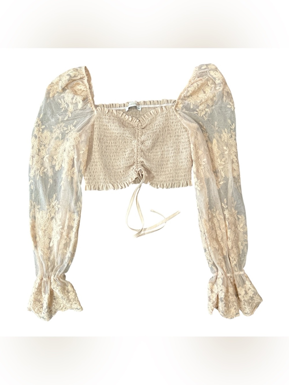 O Vianca Sheer Lace Puff Sleeve Crop Top Sz L